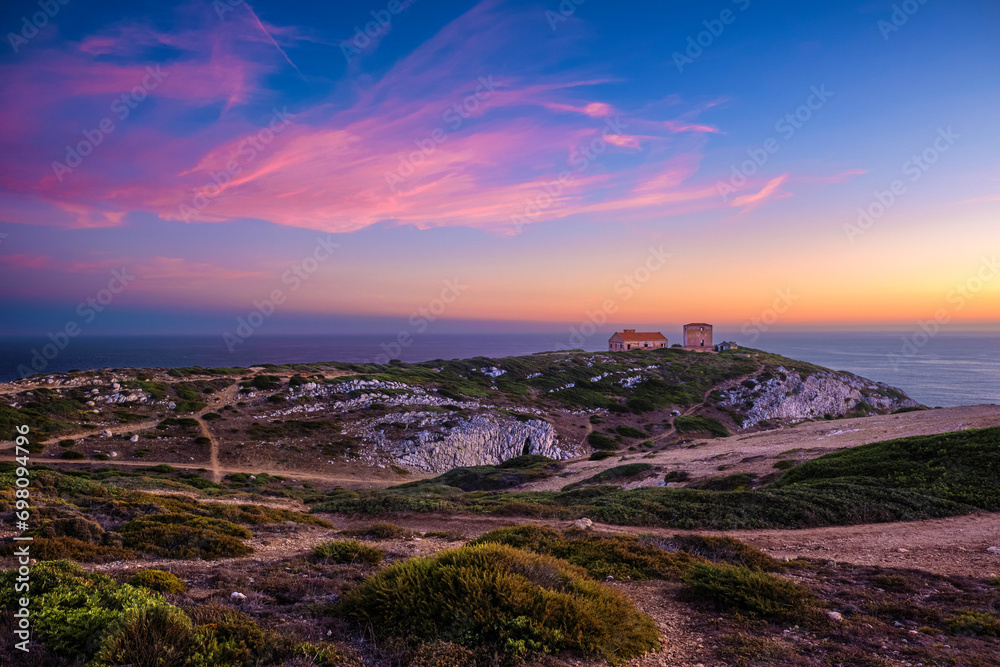 Beautiful landscape of cape Espichel coast at sunset, Portugal