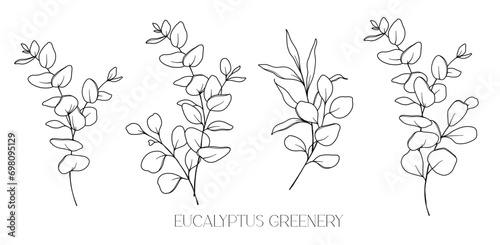 Eucalyptus Line Drawing. Black and white Floral Bouquets. Flower Coloring Page. Floral Line Art. Fine Line Eucalyptus illustration. Hand Drawn greenery. Botanical Coloring. Wedding invitation greenery