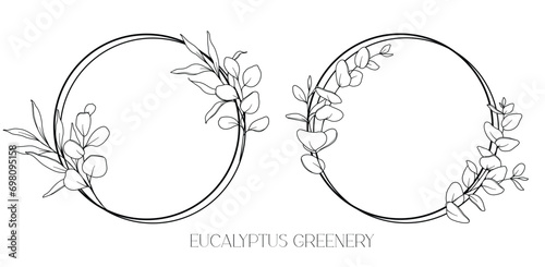 Eucalyptus Line Drawing. Black and white Floral Frames. Floral Line Art. Fine Line Eucalyptus illustration. Hand Drawn Outline Greenery. Botanical Coloring Page. Wedding invitation flowers photo