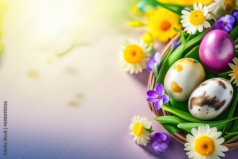Colorful Easter eggs with spring blossom flowers over background. Colored Egg Holiday border.