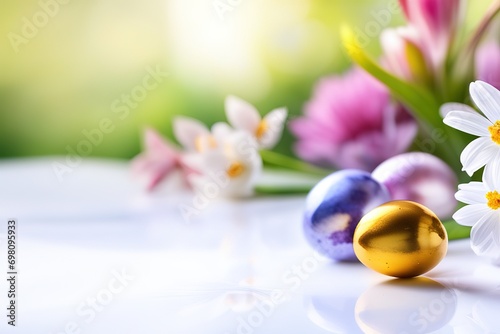 Happy Easter  Colorful Easter eggs with spring flowers flat lay on background. Stylish tender spring template with space for text. Greeting card or banner