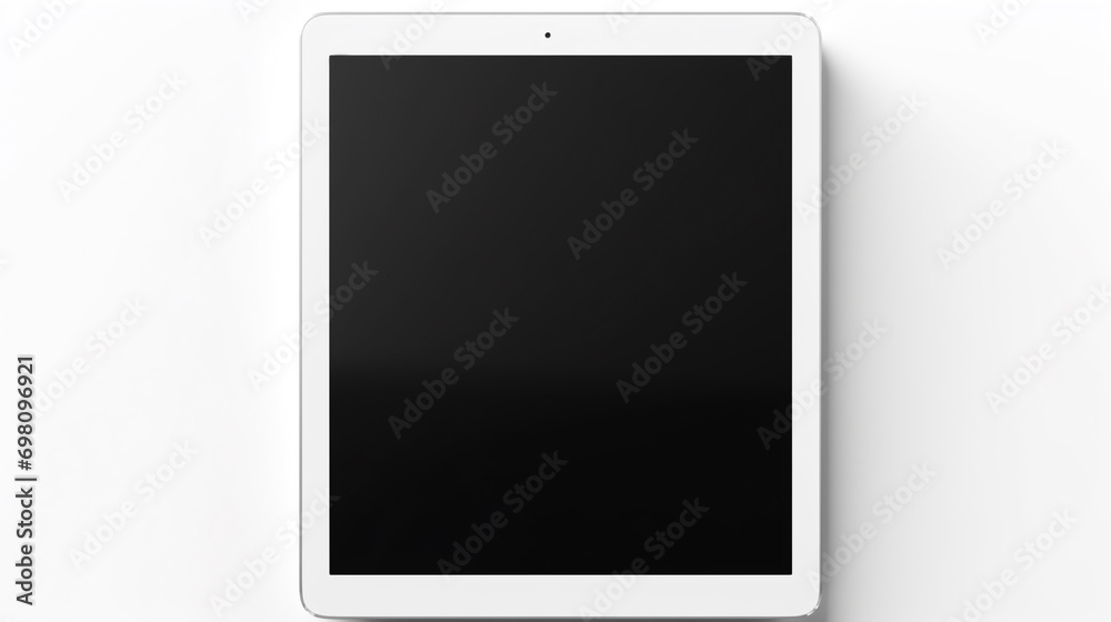 a tablet with a white frame and a black off screen on a white background