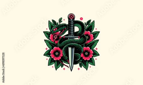 green snake with knife and red flowers vector artwork design