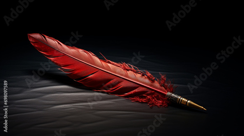 beautiful red quill with metal tip for writing ink on dark gray background photo