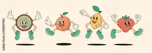Jumping fruits and strawberry characters in retro cartoon style vector illustration set. Tropical garden harvest vintage animation design