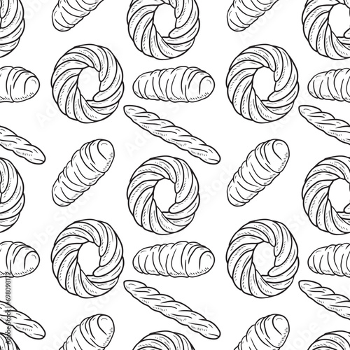 Seamless pattern with bakery products bread and ring shape pastry bun. Hand drawn vector sketch illustration in doodle engraved outline line art style. Wrapping paper, gift, cafe, menu.
