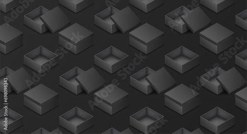 Packaging boxes isometric illustration pattern on black background. Containers for products realistic 3d models design elements. Promo items