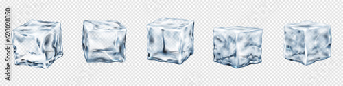 Sparkling ice cubes realistic vector illustration set. Refreshing cocktail ingredients. Frozen liquid 3d elements on transparent background