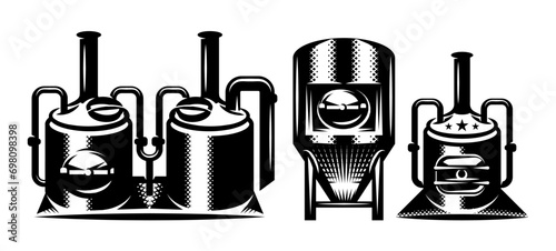 Set of design templates with brewing machines. Beer theme. Monochrome vector illustration photo