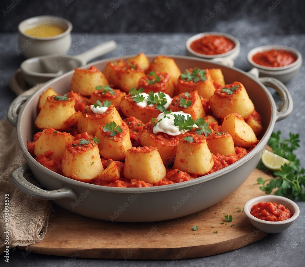 Potato casserole with tomato sauce and parsley on the table Potato casserole with tomato sauce and parsley on the table