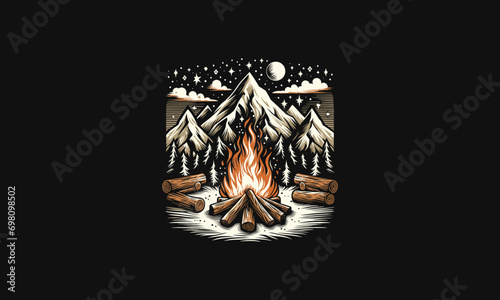 campfire on forest and mount snow vector artwork design