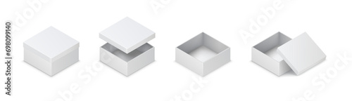 Paper boxes with lid variations realistic vector illustration set. Minimalist product packaging 3d design elements on white background