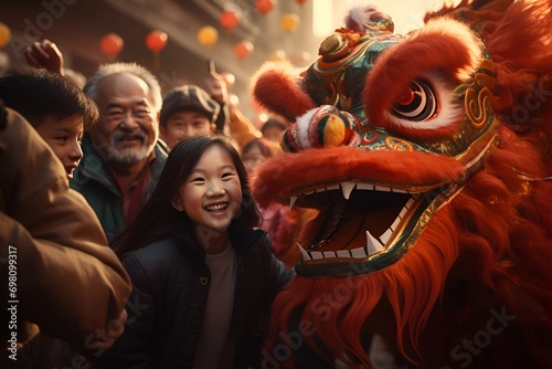 People celebrate the Spring Festival with a costume show with a dragon generated AI