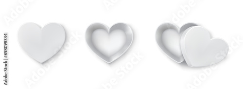 Heart shaped boxes of carton realistic vector illustration set. Romantic Saint Valentine day present 3d elements on white background