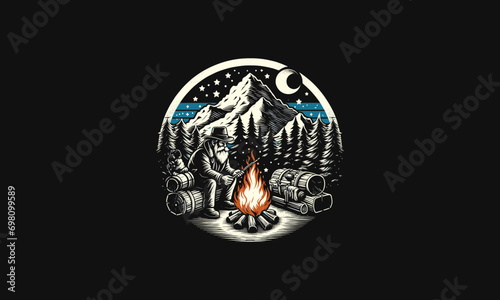 old man campfire on forest snow vector artwork design