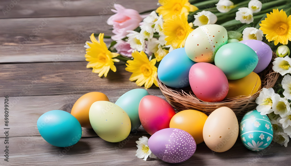 Highly detailed photo portrait of a basket of colorful easter eggs Highly detailed photo portrait of a basket of colorful easter eggs