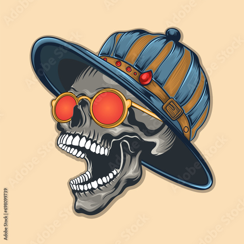 a open mouth skull with Tribal hat vector illustration