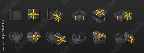 Present boxes with golden ribbons realistic vector illustration set. Packaging for exclusive festive gift 3d elements on black background