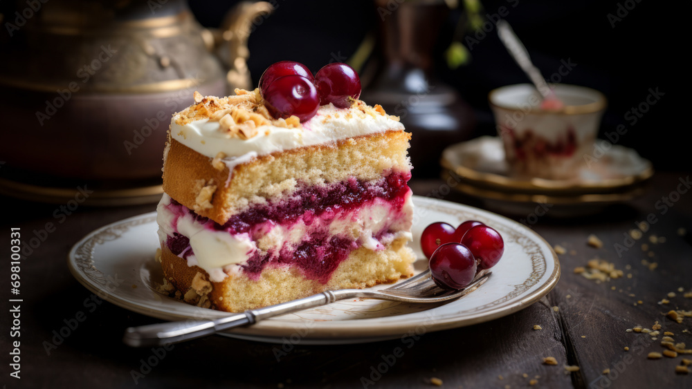 Piece of Norwegian Cream Cake with berries on the dark background Piece of Norwegian Cream Cake with berries on the dark background