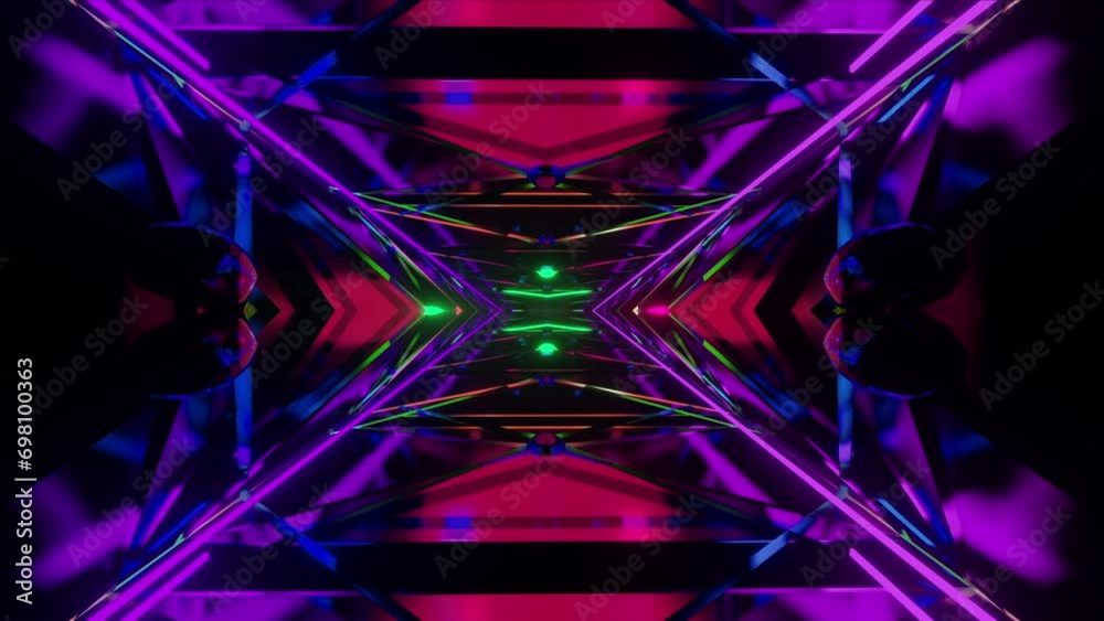 3D illustration abstract of an infinite tunnel with colorful neon and laser lights