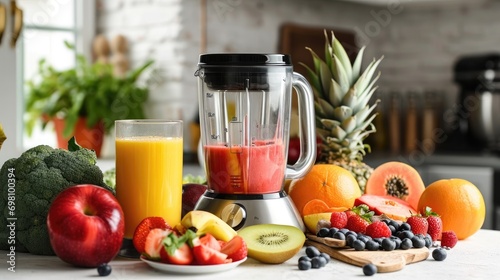 Ingredients for smoothie fresh fruits, berries and vegetables with modern automatically mixer or blender on white kitchen table for making smoothie and juice. healthy eating concept