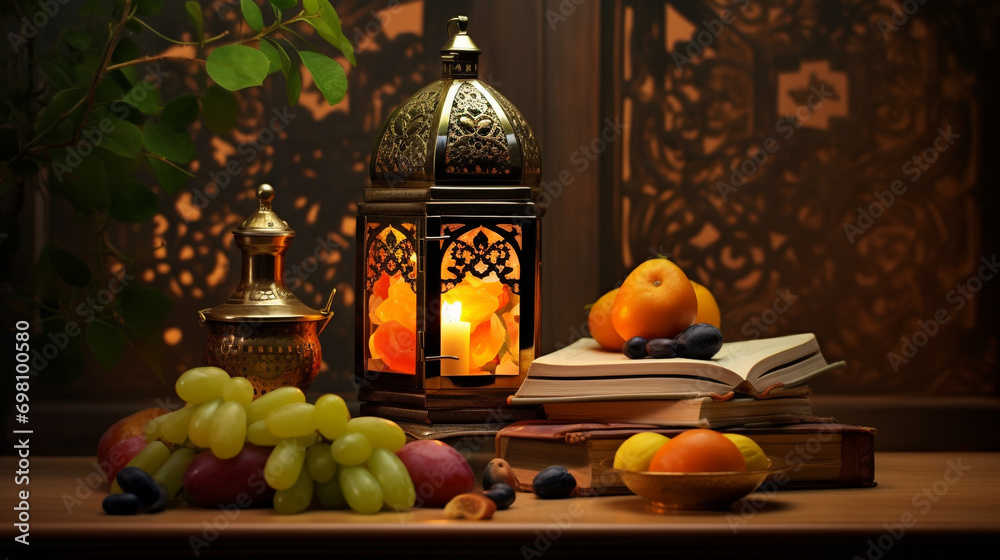 Arabic lantern and book on the table with dry fruit background Arabic lantern and book on the table with dry fruit background