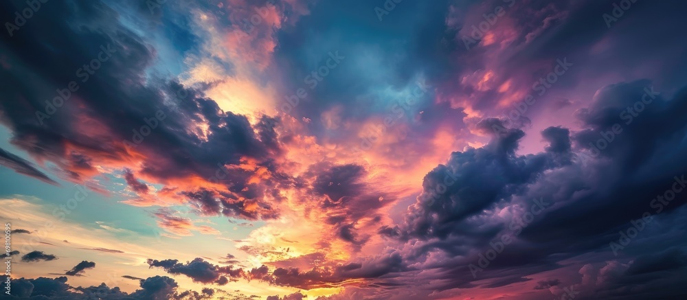 Colorful, dramatic sunset sky and clouds at twilight