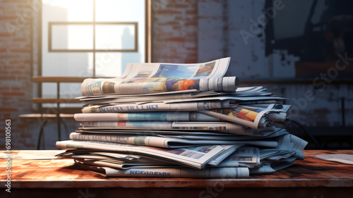 Pile of newspapers on a table with soft lighting and blurred background. photo