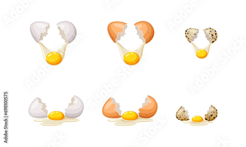 Broken chicken and quail eggs color vector icon set. Cooking breakfast of poultry products illustrations pack isolated on white background