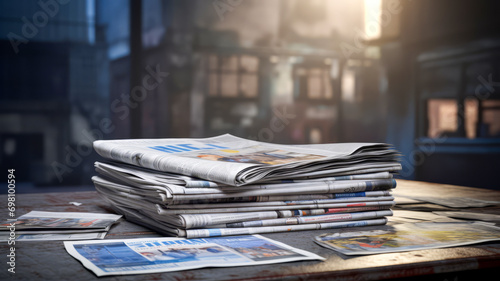 Pile of newspapers on a table with soft lighting and blurred background.