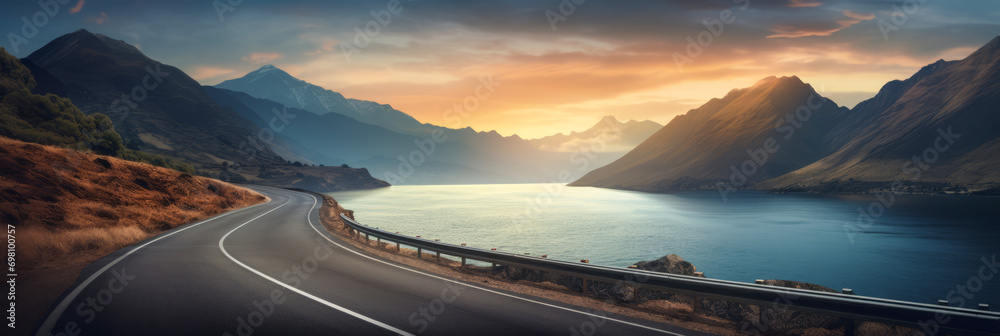 Coastal road winding through a scenic landscape with mountains, ocean, and clear skies at dawn. - obrazy, fototapety, plakaty 