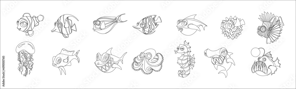 Tropical sea fishes and creatures line vector illustrations big icons set. Pack of linear underwater habitats on white background. Childish cartoon design