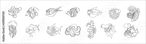 Tropical sea fishes and creatures line vector illustrations big icons set. Pack of linear underwater habitats on white background. Childish cartoon design