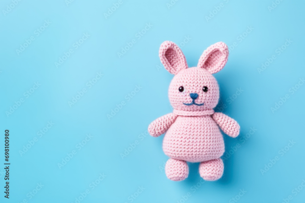 Knitted handmade pink rabbit on a blue background with copy space. Knitted handmade pink rabbit on a blue background with copy space.