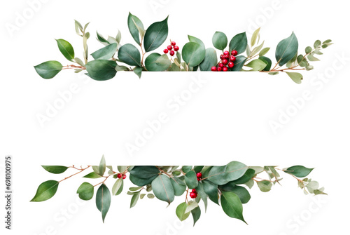 holly berry banner with eucalyptus leaves on transparent background photo