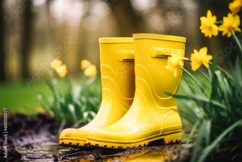 Yellow rubber boots in a garden with daffodils.