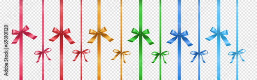 Ribbons and bows for gifts boxes realistic vector illustration set. Festive ornaments of shiny satin bands 3d elements on transparent background