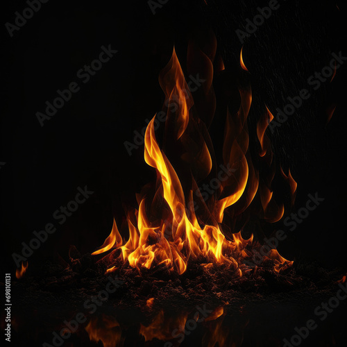 Fire in the fireplace, glowing fire on black background, fire wallpaper, burning fire on black background