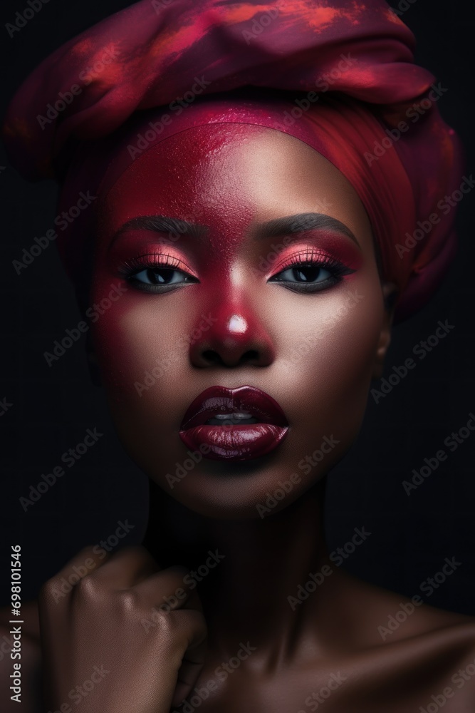 Fototapeta premium Black fashion woman model with bright burgundy make up. Black history month portrait.