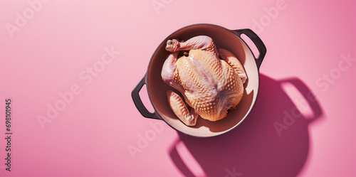 Chilled whole chicken carcass and metal pot tureen on flat pink background with copy space. Minimal concept of chicken soup from farm products, fresh poultry meat. photo