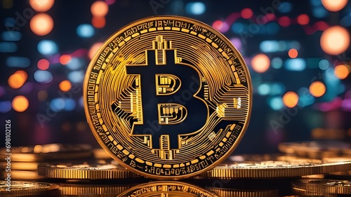 Closeup of Bitcoin gold coins for advertisement. Concept of a cryptocurrency market crisis. Bitcoin (BTC) is a type of digital crypto currency, utilizing peer-to-peer transactions, and mining. photo