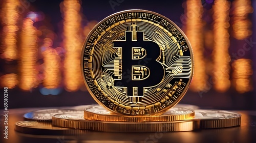 Closeup of Bitcoin gold coins for advertisement. Concept of a cryptocurrency market crisis. Bitcoin (BTC) is a type of digital crypto currency, utilizing peer-to-peer transactions, and mining.