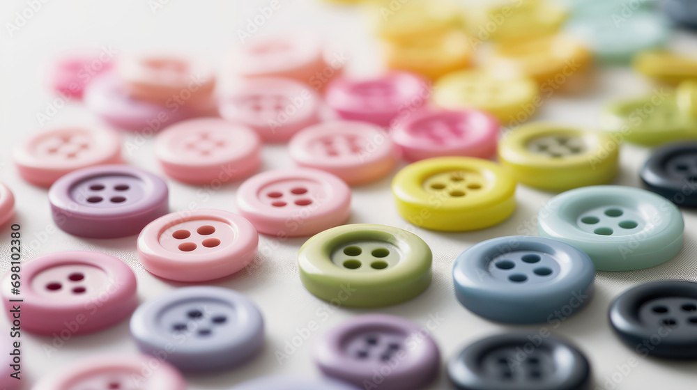 Top view of many round classic buttons in pastel pink blue colors. Minimalistic wallpaper or background with knobs for a sewing store. Top view of many round classic buttons in pastel pink blue colors. Minimalistic wallpaper or background with knobs for a sewing store.
