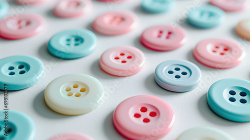 Top view of many round classic buttons in pastel pink blue colors on white table background. Minimalistic wallpaper or background with knobs for a sewing store. 
