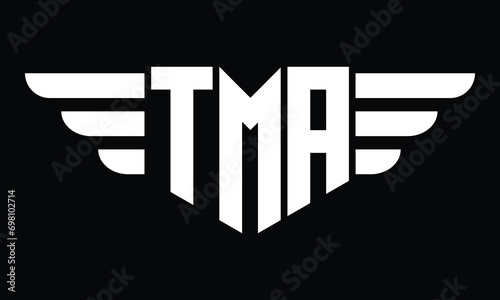 TMA three letter logo, creative wings shape logo design vector template. letter mark, word mark, monogram symbol on black & white.	 photo