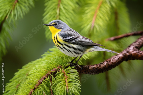 A Kirtland's Warbler perching on a branch in the coniferous forests of Michigan © Venka