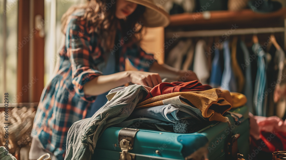 Fototapeta premium Woman preparing and folding clothes into a suitcase. Holiday and travel concept