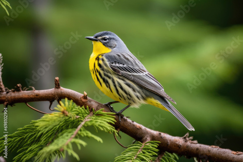 A Kirtland's Warbler perching on a branch in the coniferous forests of Michigan © Venka