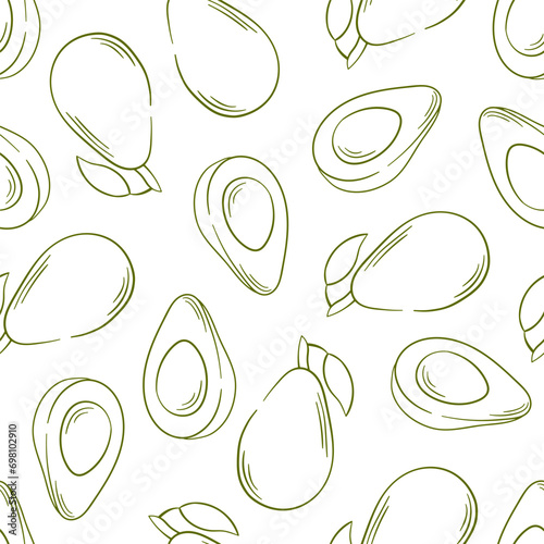 Avocado seamless pattern in line art style. Monochrome hand drawn design for package, textile, food shop, menu. Vector illustration on a white background.