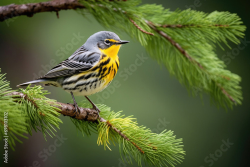 A Kirtland's Warbler perching on a branch in the coniferous forests of Michigan © Veniamin Kraskov